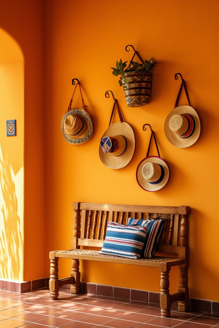 Wooden bench with striped cushions against an orange wall. Five straw hats and a plant hang above. Warm, cozy atmosphere.