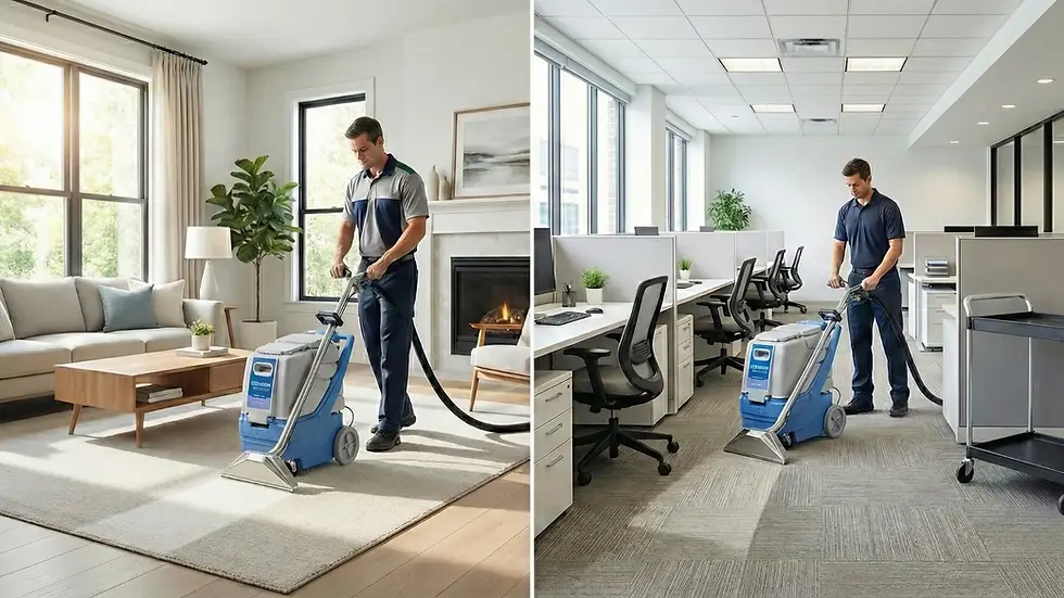 Man cleaning carpets with machine in living room and office. Warm lighting, modern decor, and greenery in background. Calm atmosphere.