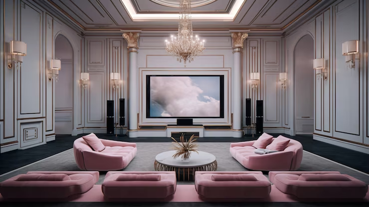 Elegant living room with pink sofas, a large chandelier, and a big screen showing clouds. Gold accents, white walls, and luxurious decor mood.