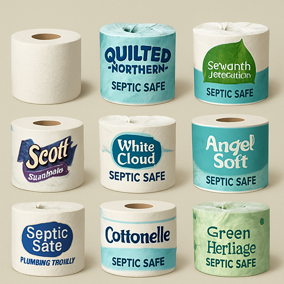 Nine rolls of toilet paper with various brands labeled, arranged in a 3x3 grid on a beige background. Text includes "Septic Safe."