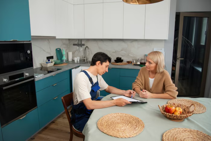 A man in work overalls discusses documents with a woman in a modern kitchen. Teal cabinets, wicker placemats, and fruit bowl visible.