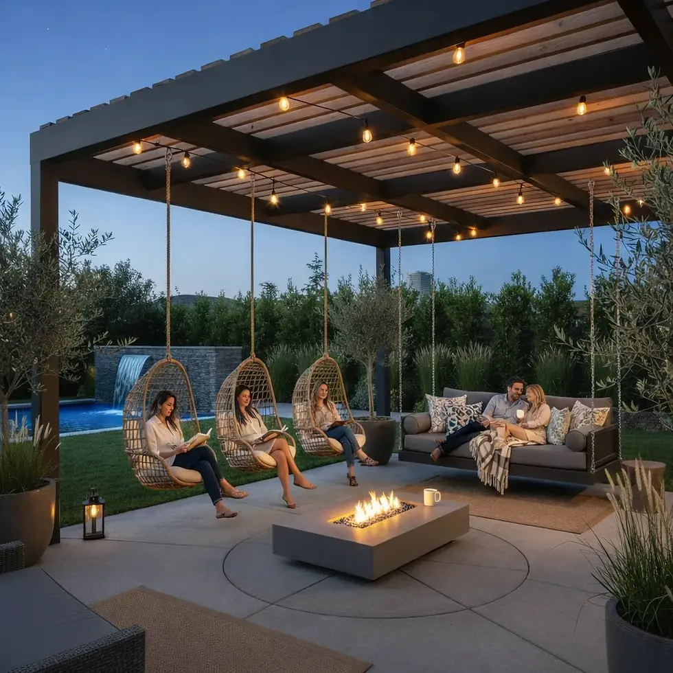 People relaxing under a pergola with hanging chairs and a sofa by a fire pit. Evening setting, warm lighting, pool in the background.