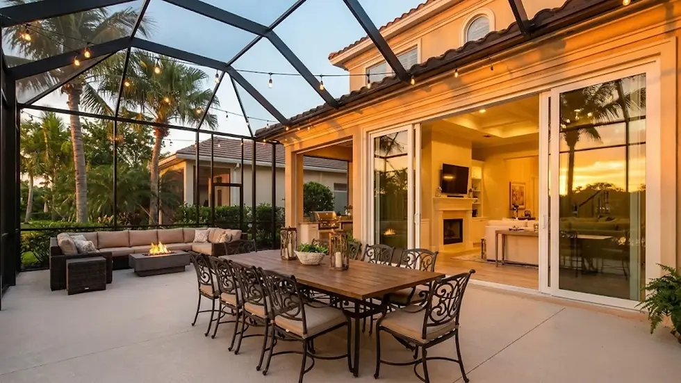 Enclosed patio with a wooden table, chairs, fire pit, and string lights. Palm trees outside, warm indoor glow visible through glass doors.