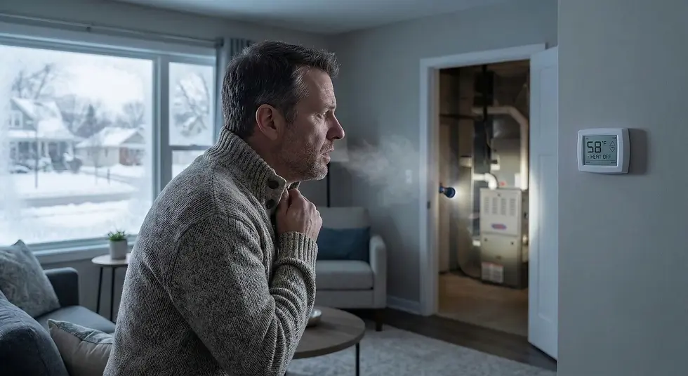 Man wearing a sweater breathes visible cold air indoors, looking at a thermostat reading 58°F. Snowy scene through the window.