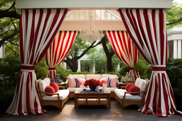 Outdoor seating area with red and white striped curtains, white sofas, and red cushions. A wooden table has a bouquet. Trees in background.