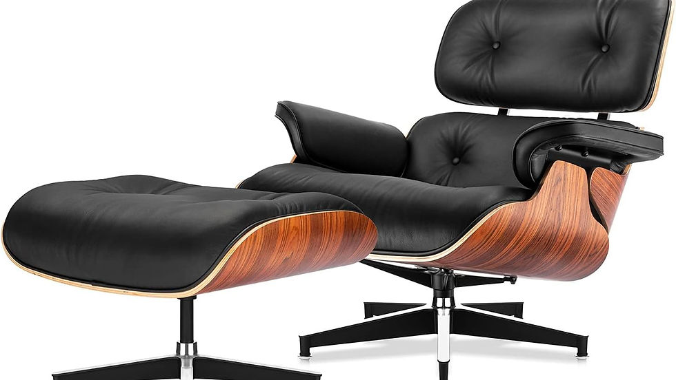 Black leather lounge chair with ottoman, featuring wood grain sides and chrome base. Modern design, set against a white background.