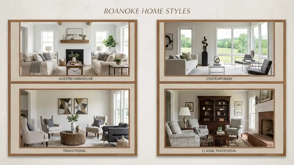 Grid of four living room styles: Modern Farmhouse, Contemporary, Transitional, and Classic Traditional, each with distinct decor and furniture.