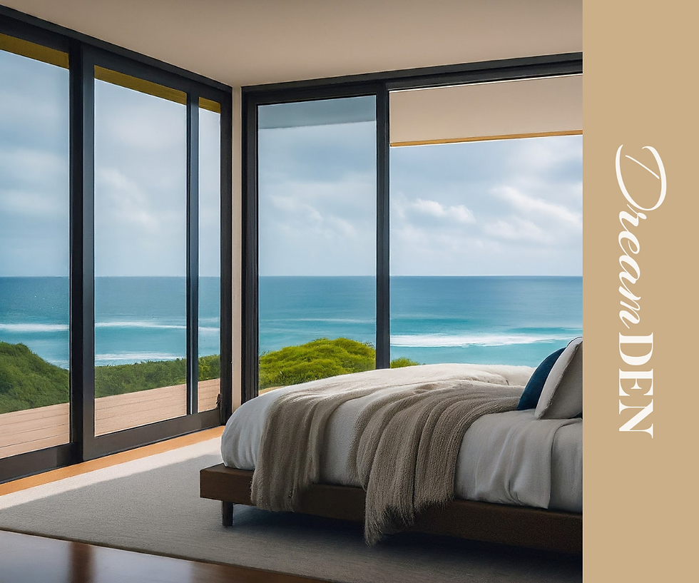 Modern bedroom with a large bed featuring white and beige bedding, expansive floor-to-ceiling windows offering a stunning ocean view, and minimalist decor. The space is styled with DreamDen branding.
