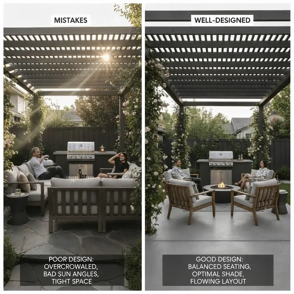 Split image comparison of patio designs. Left: cramped seating, harsh sunlight. Right: spacious layout, balanced seating, optimal shade. Text labels: "MISTAKES" and "WELL-DESIGNED."