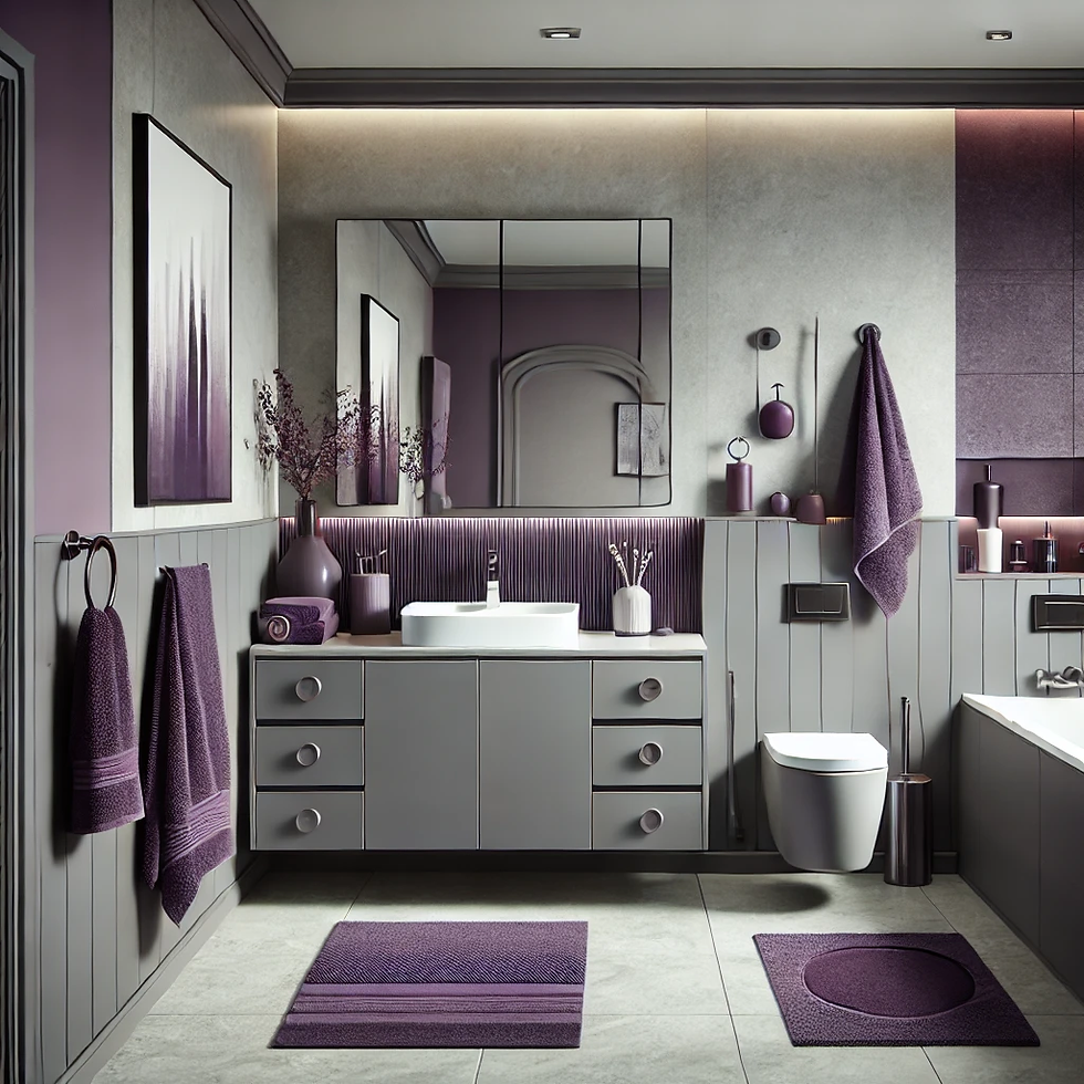 Modern bathroom with gray cabinets and purple accents. Towels, mats, and decor in purple. Large mirror above sink, soft lighting, serene mood.