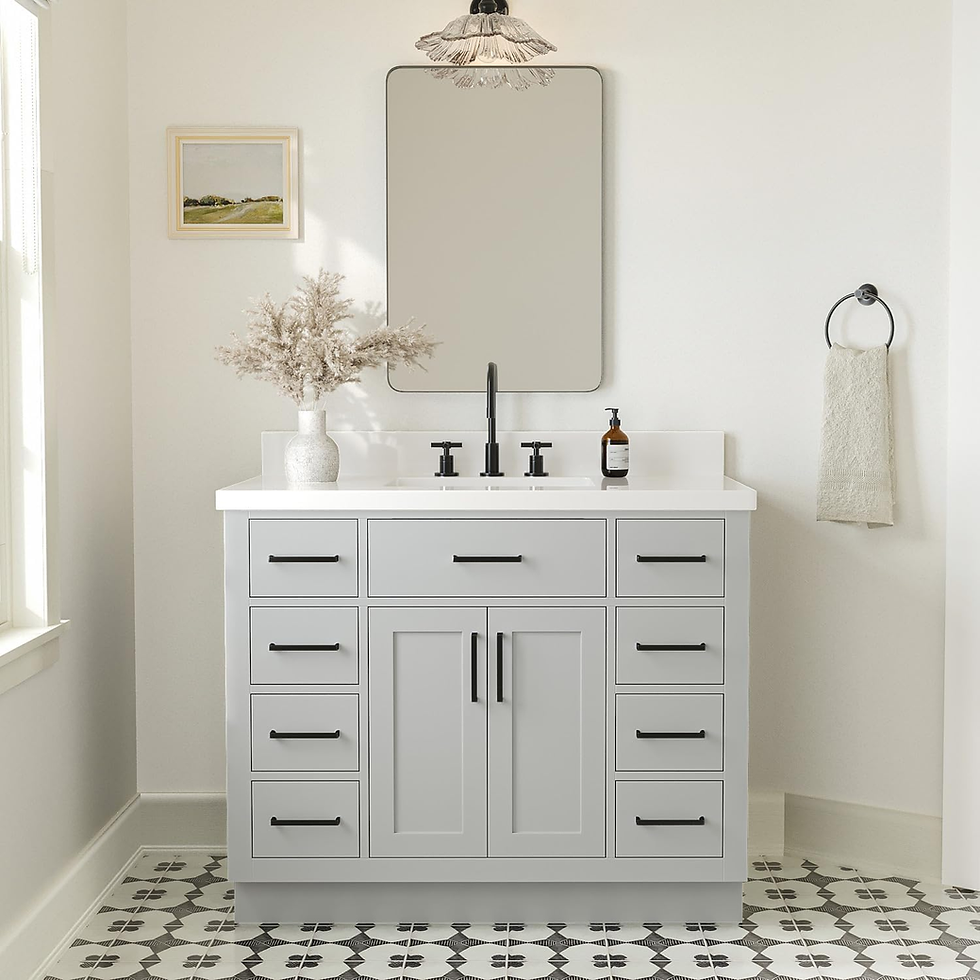 The image shows a modern bathroom with a deep vanity for compact spaces, featuring open shelving and a vessel sink. A glass shower and large mirror create an open, stylish look