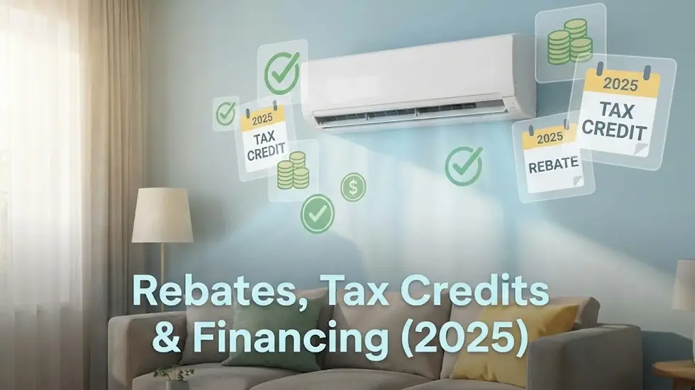 Air conditioner on blue wall in living room with sofa and lamp. Overlays show "2025 Tax Credit" and "Rebate." Text reads "Rebates, Tax Credits & Financing (2025)."