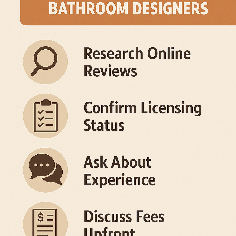 Infographic titled "Bathroom Designers" with advice: Research reviews, confirm licensing, ask about experience, discuss fees. Icons included.