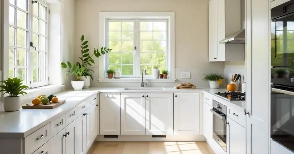 A bright and airy kitchen featuring white cabinets, natural light, and a cozy yet modern design.