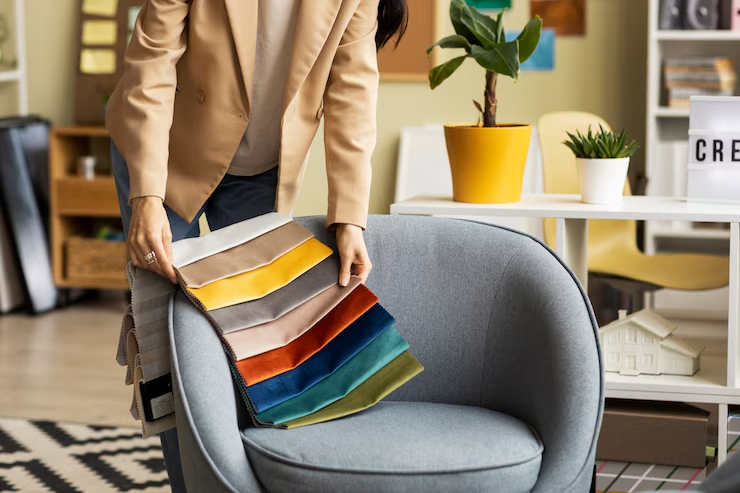 Person in beige jacket holds colorful fabric samples over a blue chair. Bright room with plants and a "CRE" text sign in the background.