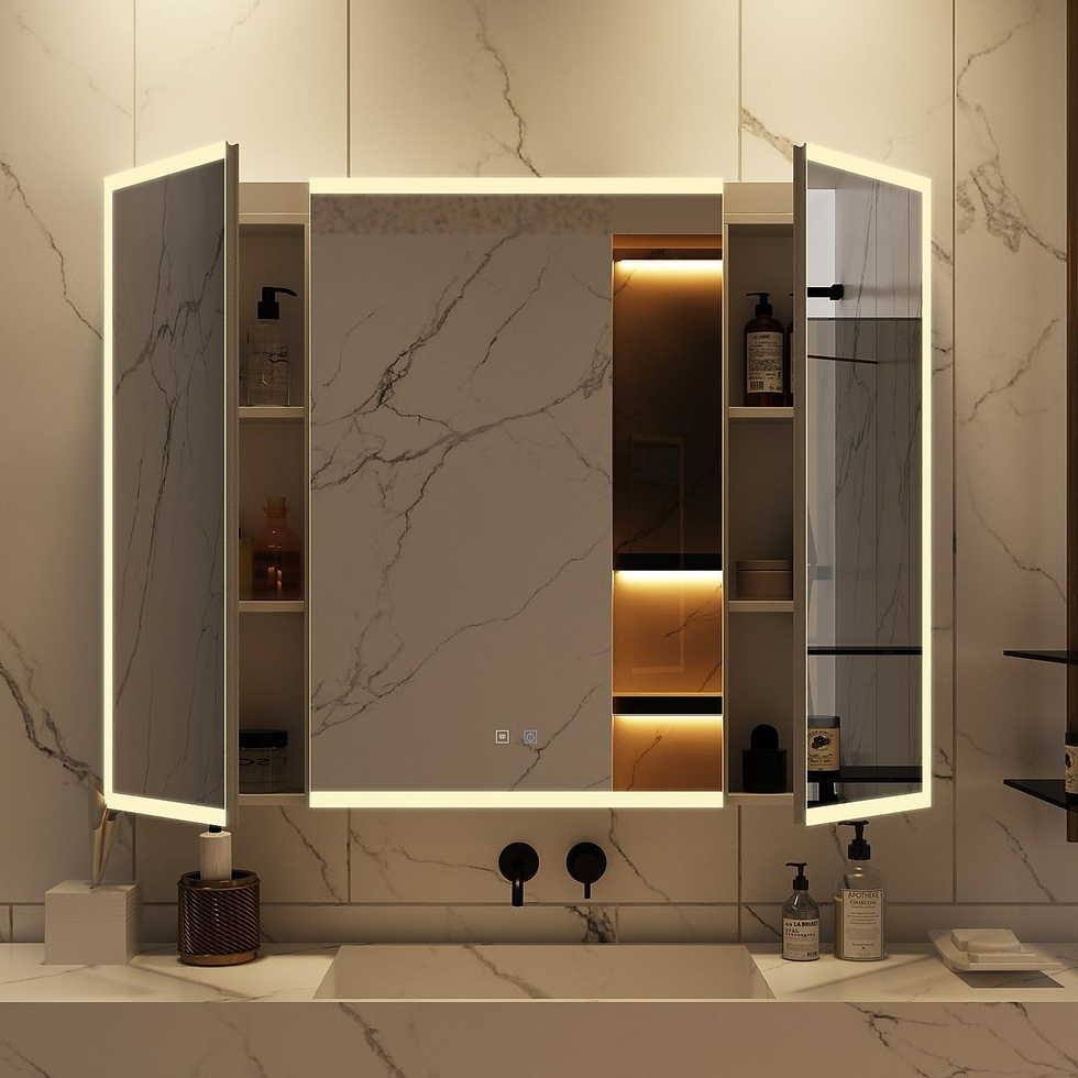 Illuminated bathroom mirror cabinet with open doors, revealing shelves of bottles. Marble-like walls and sink; black faucets; warm light.