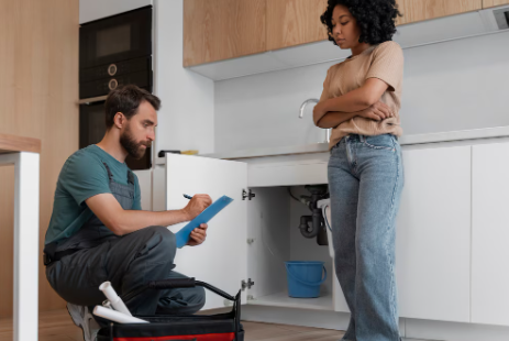 Man and woman in kitchen, man kneels writing on clipboard by open sink cabinet; woman stands arms crossed. Toolbox on floor, neutral tones.