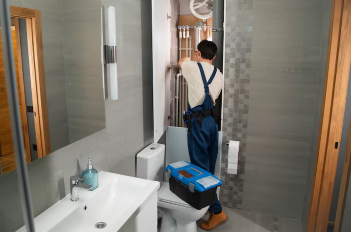 Plumber in blue overalls fixes pipes in a modern gray bathroom. Tools rest on a closed toilet lid, reflecting a focused work setting.