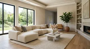 Modern living room with a beige sectional sofa, marble table, and potted plant. Large windows show a green garden. Calm, cozy atmosphere.