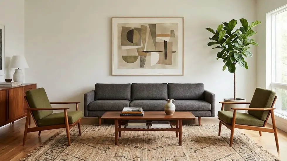 Mid-century living room with gray sofa, green chairs, wooden coffee table, abstract art, leafy plant, and rug on a wooden floor.