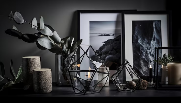 Geometric glass decor, framed nature photos, candles, and greenery on a dark shelf. Cool tones and a calming, minimalist vibe.