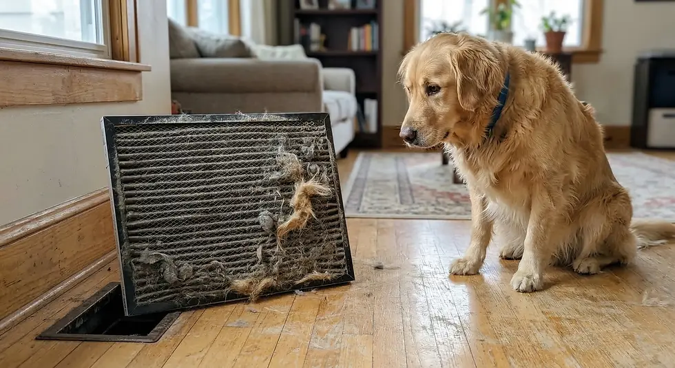 Golden retriever stares at a hairy air filter on a wooden floor. Cozy living room with a couch, bookshelf, and plants in the background.