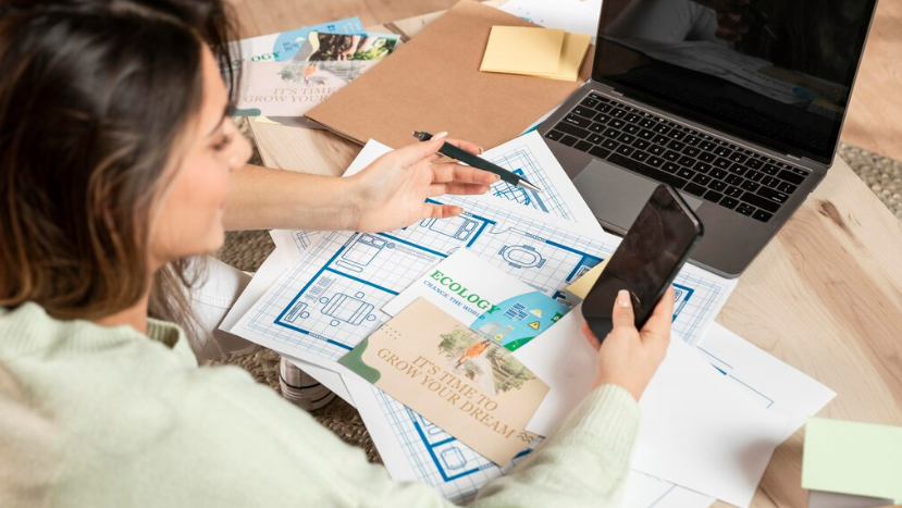 Woman holding a phone, surrounded by blueprints, ecology flyer, and a laptop. Text reads "It's time to grow your dream." Cozy setting.