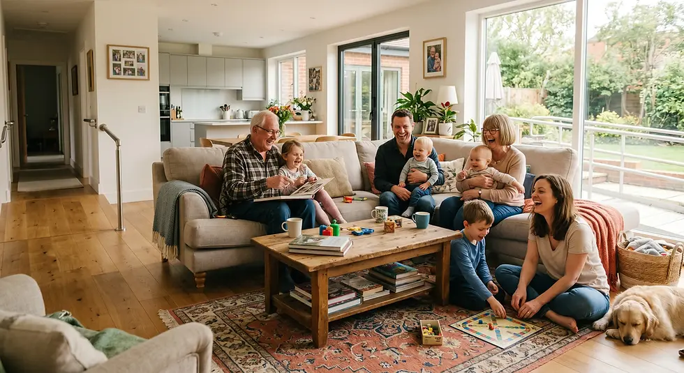 Family relaxing in a cozy living room; adults and kids on a beige sofa. Warm tones, games, books on a wooden table, and a napping dog.