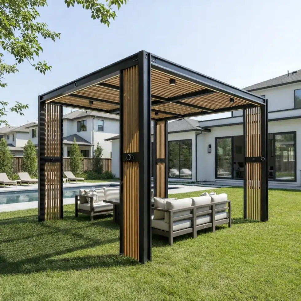 Modern pergola with wooden slats over patio furniture on green lawn, pool nearby. Background shows a house under a clear blue sky.
