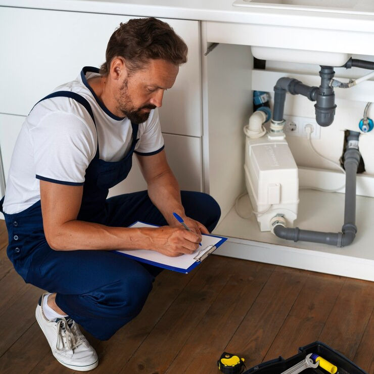 Man in blue overalls kneeling on wooden floor, writing on a clipboard near kitchen sink plumbing. Toolbox and measuring tape nearby.
