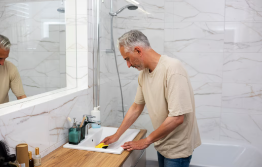 Man in beige shirt cleaning bathroom sink with yellow cloth. White marble walls, wooden countertop, shower in background. Calm atmosphere.