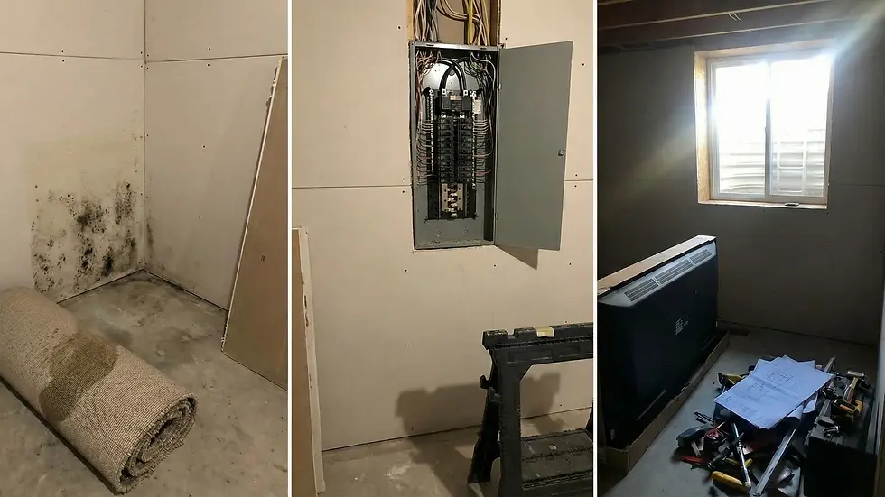 Three-part image: Left shows moldy wall and rolled carpet; center has an open electrical panel; right features a window and tools on the floor.