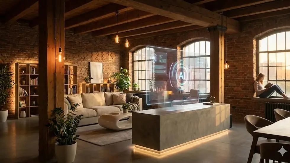 Cozy loft with brick walls; a woman reads by the window. A futuristic holographic AI display is near a sofa. Warm lighting throughout.
