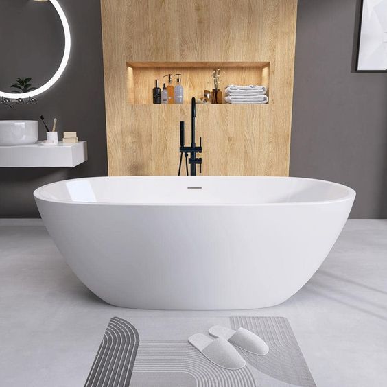 White Freestanding Tub: Gray and White Bathroom Design