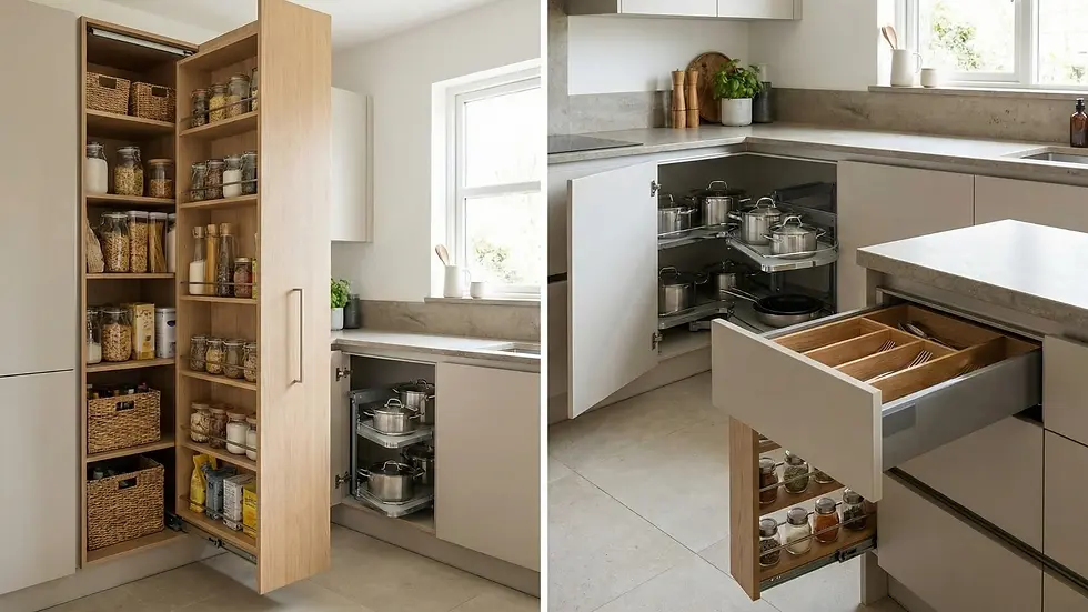 Modern kitchen with open wooden pantry showcasing jars and baskets, and open drawers revealing pots, utensils, and spices. Neutral tones.