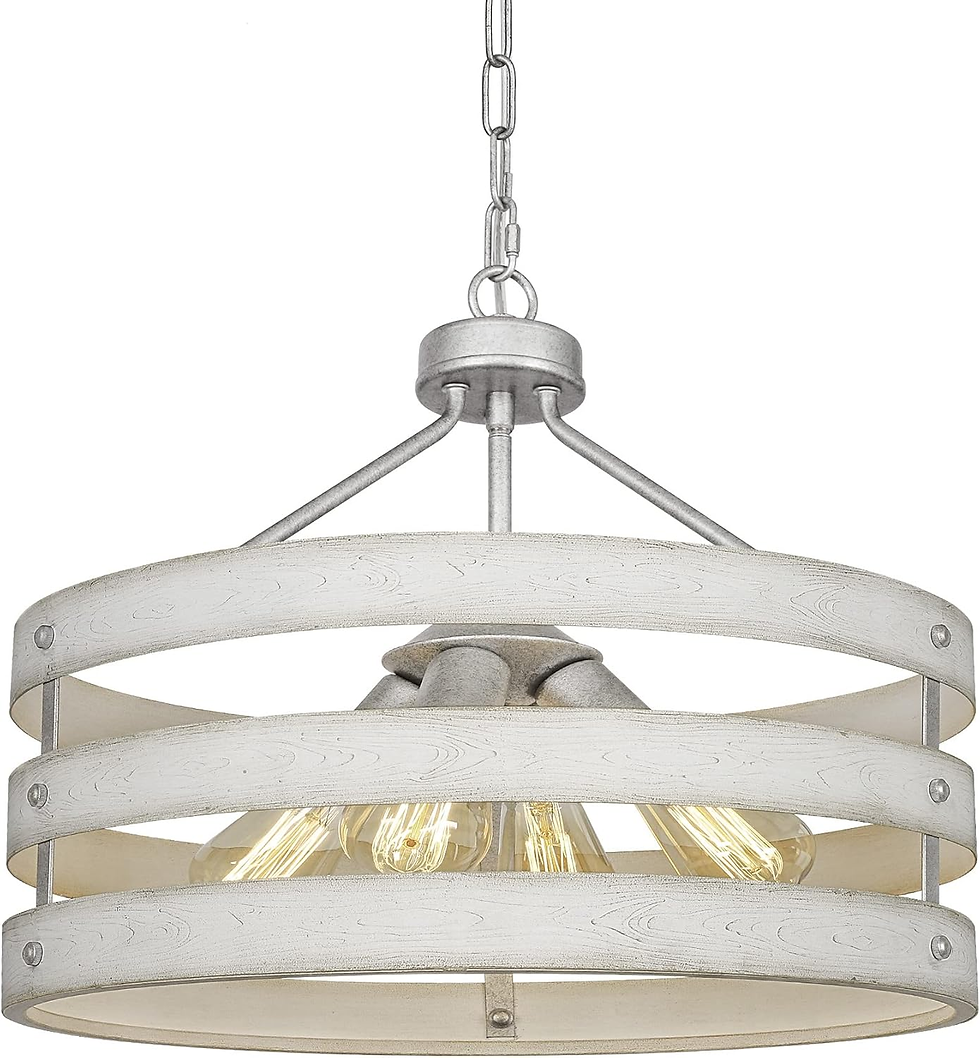 A rustic chandelier with a circular wooden frame and exposed bulbs, suspended by a chain. The wood is light gray with a weathered look.