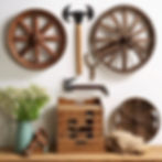 Rustic decor on a wooden shelf; wooden wheels, axes on wall, flowers in a green pitcher, and small wooden house; cozy and vintage ambiance.