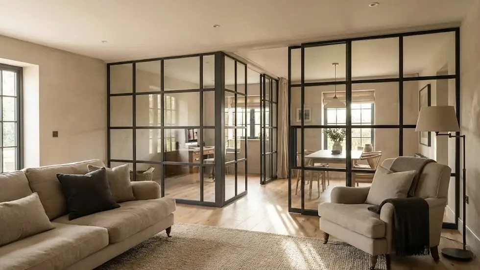 Cozy living room with beige sofa, armchair, and a lamp. Glass partitions divide dining area with natural light and wooden floors. Neutral tones.