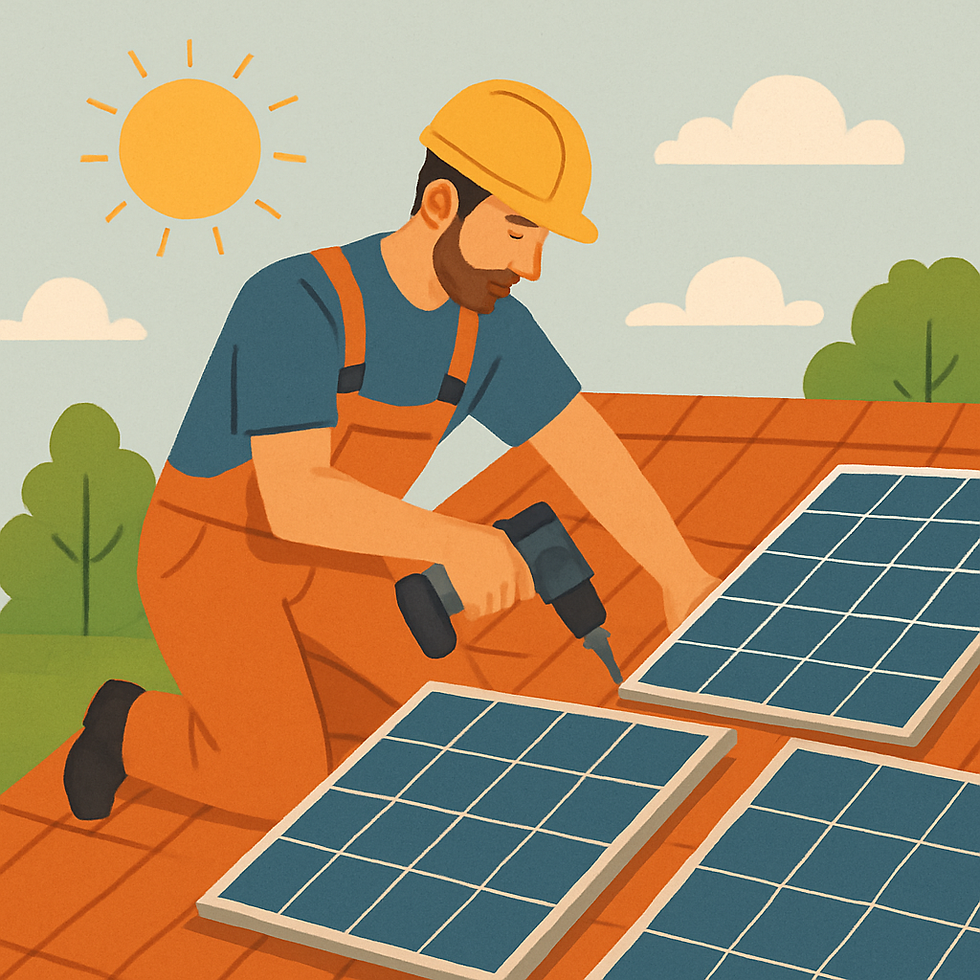 Man in orange overalls and hard hat installs solar panels on a roof under a sunny sky with clouds. Greenery in the background.