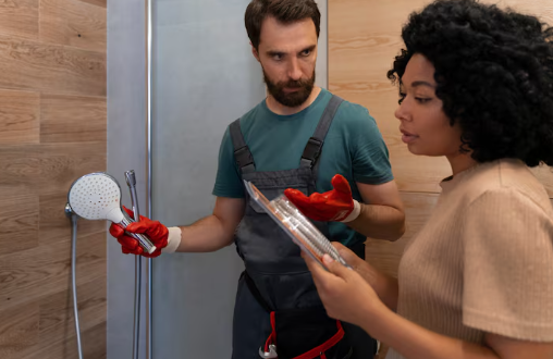 Man in work overalls holds a shower head, instructing a woman holding packaging in a wood-paneled bathroom. Both appear focused.