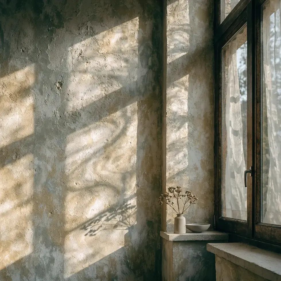 Sunlit room with textured walls, shadows of leaves on the wall, and a vase of dried flowers on a windowsill. Earthy, serene ambiance.