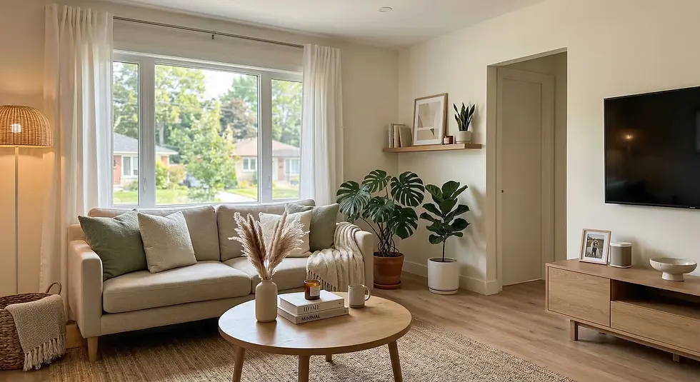Cozy living room with a beige sofa, green and white cushions, potted plants, and wood accents. Light streams through large windows, creating a warm atmosphere.