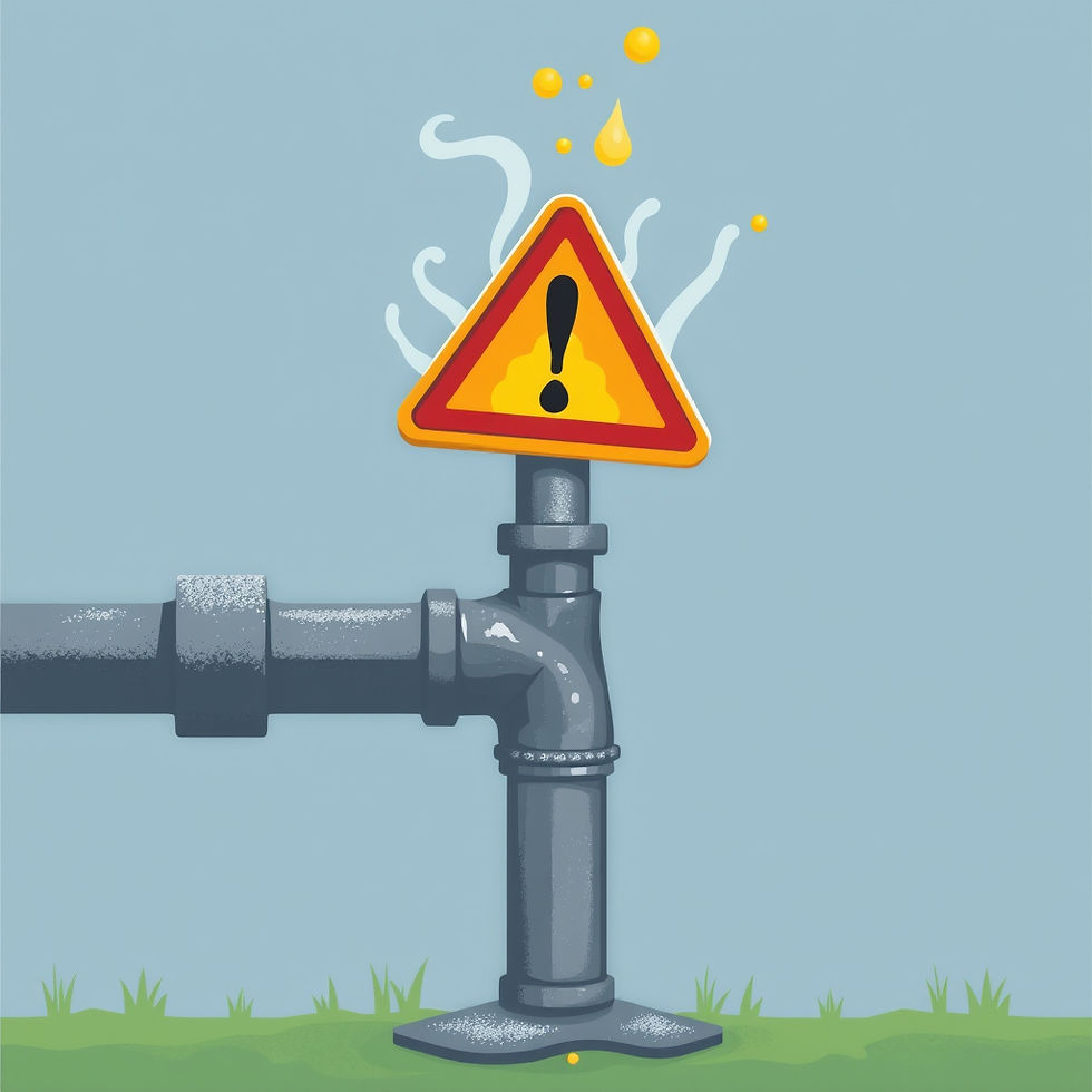 Gray pipe leaks yellow liquid, with steam rising. A red triangle sign with an exclamation mark warns of danger. Grass at the base.