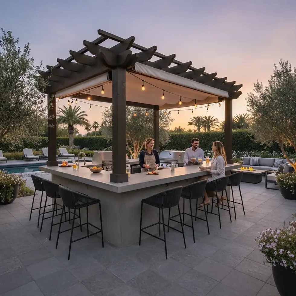 Three people chatting at an outdoor bar under a pergola at sunset. Warm lighting, lush greenery, poolside setting, relaxed mood.