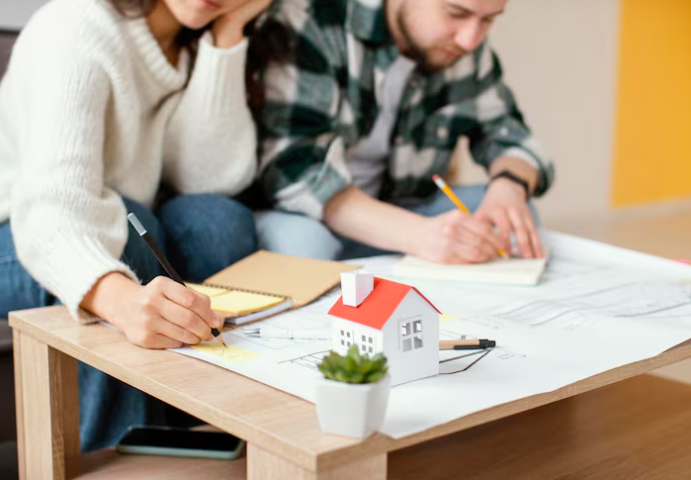 Two people planning with sketches on a table; a small house model and plant are present. Cozy indoor setting, focused mood.