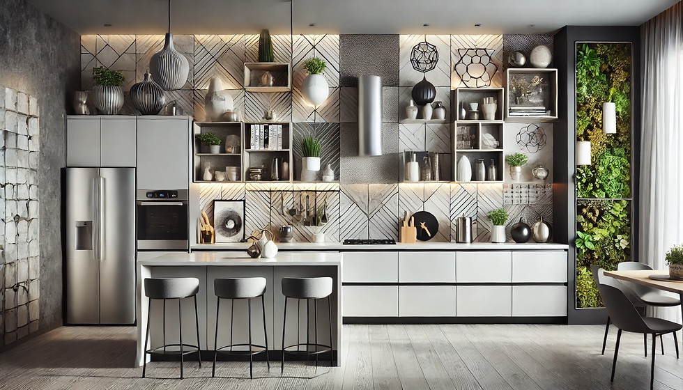 Modern kitchen with sleek white cabinets, geometric tile backsplash, and green vertical plant wall. Bar stools and pendant lighting add style.