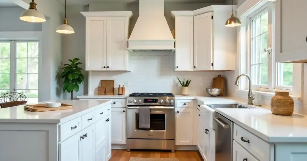 A cozy kitchen featuring warm white cabinets paired with soft gray walls, creating a welcoming and timeless look.
