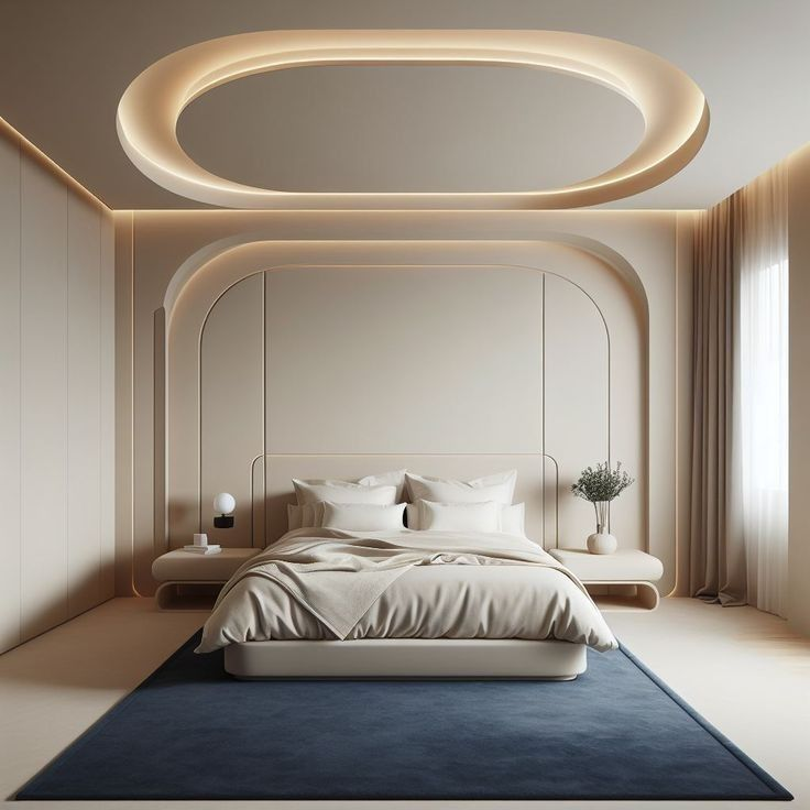 Modern bedroom with cream walls, a bed with white bedding, and a navy rug. Soft lighting and minimalist decor create a calm ambiance.