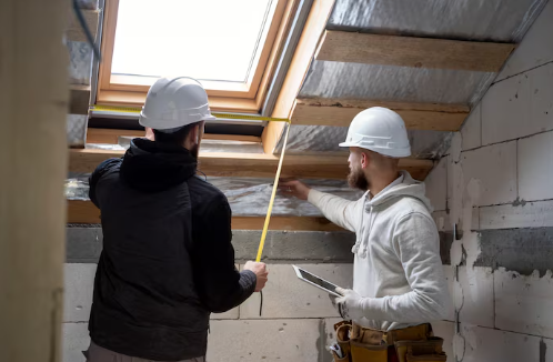 Two construction workers in hard hats measure a loft window space. One holds a tape measure, the other an iPad. Light enters from the window.
