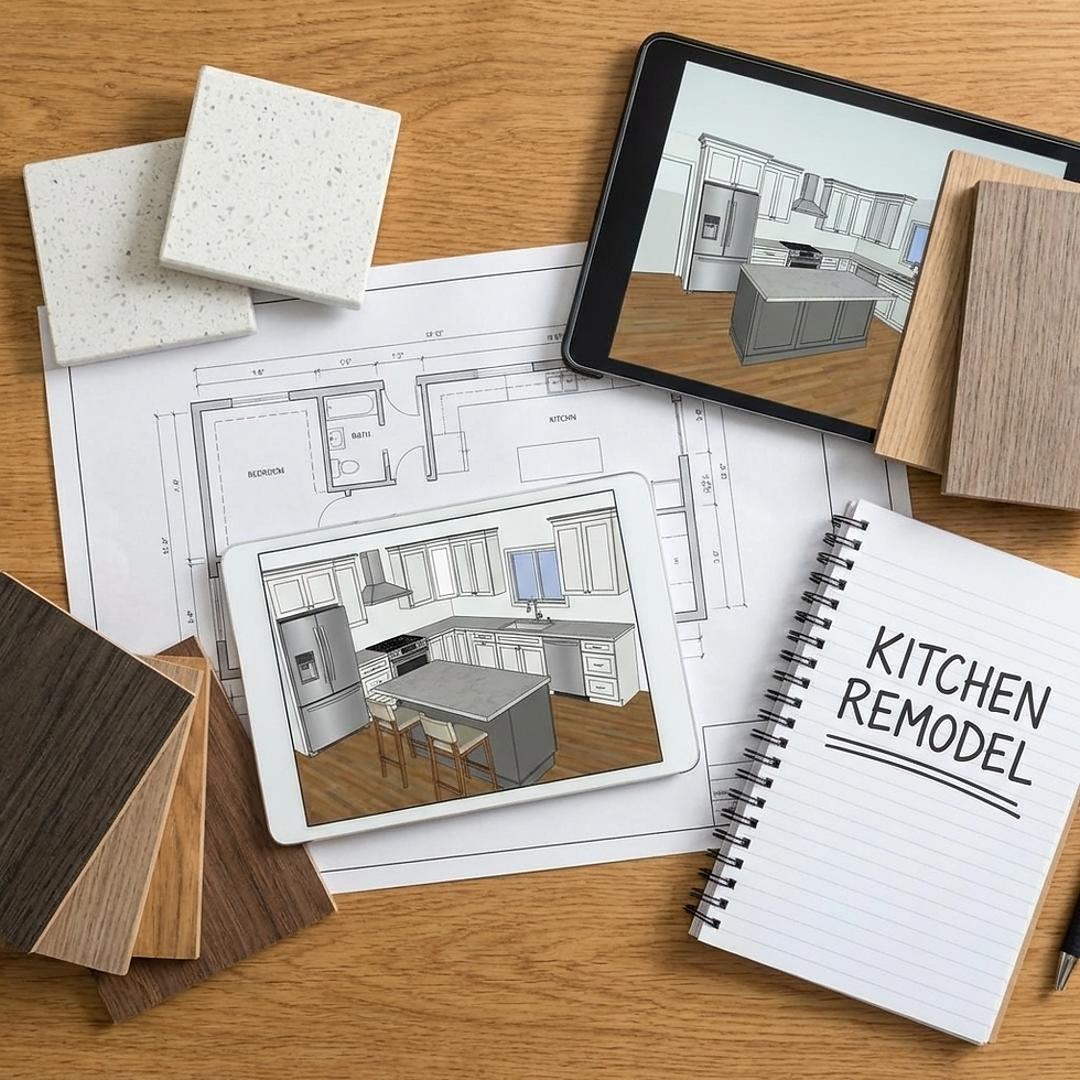 Table with kitchen remodel plans, tablets showing a kitchen design, assorted wood samples, and a notebook labeled "KITCHEN REMODEL."